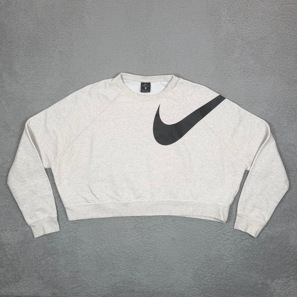 Nike Dri-FIT Women XL Oatmeal Heather Cropped Oversized Swoosh Sweatshirt Gym